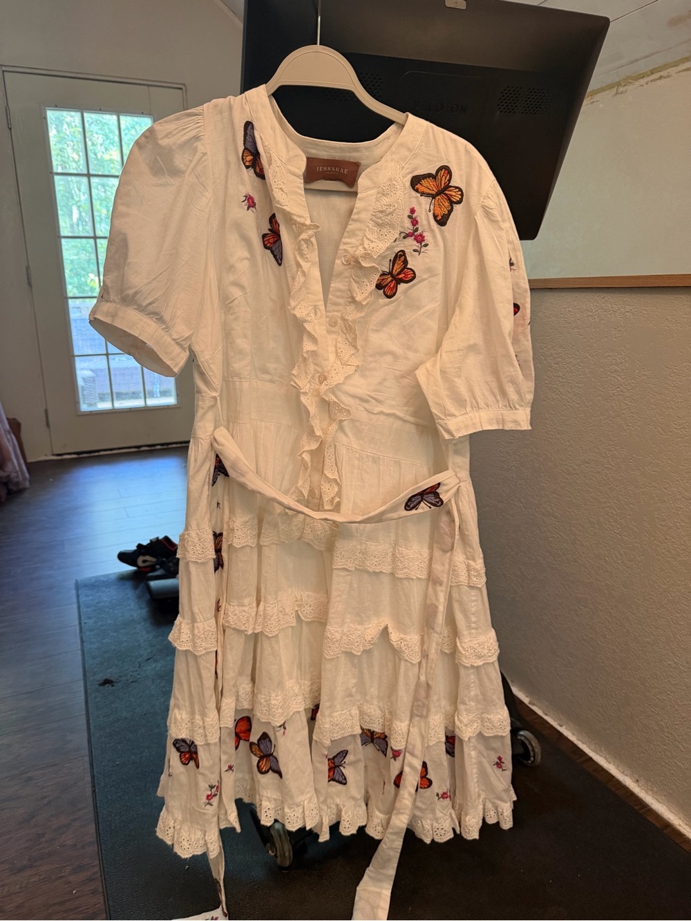 JessaKae White Butterfly Embroidered Ruffle Midi Dress